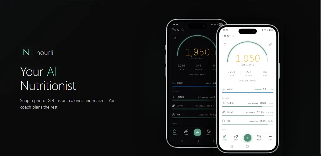 Nourli — AI nutritionist mobile app showing calorie tracking and macro breakdowns